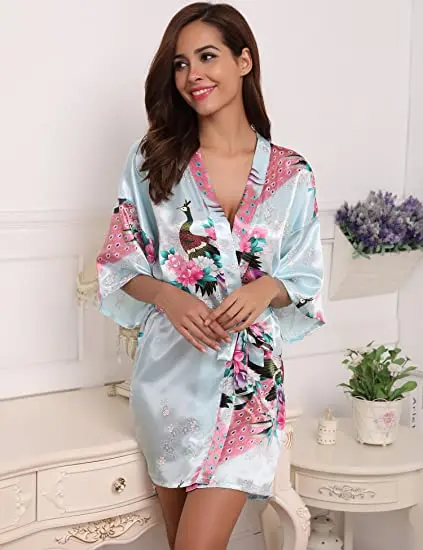 Silk Satin Wedding Bride Bridesmaid Robe Floral Bathrobe Short Kimono Robe Night Robe Bath Robe Fashion Dressing Gown For Women