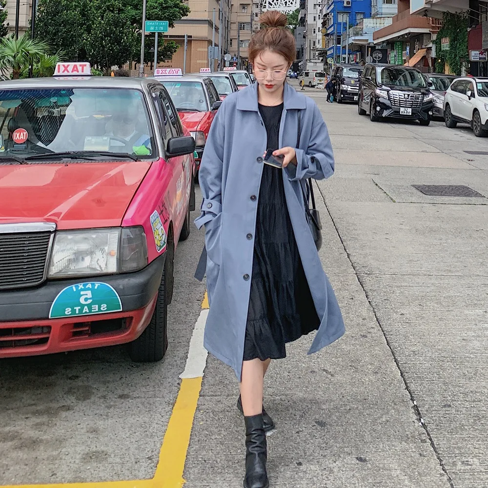 

Photo Shoot 2019 Autumn New Style Coat Women's Retro Fashion Design-Back Slit Button Large Pocket Waist Hugging Trench Coat