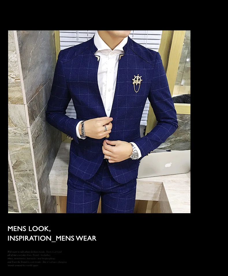 Fashion Business Plaid Suits Men 2 Piece Set Asian Size XXXL Slim Fit Men Dress Suit New Popular Stand Collar Men Wedding Suits