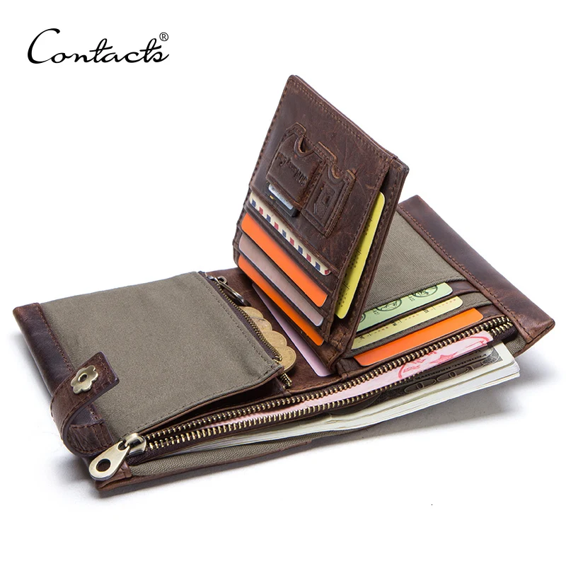 

Contact's 100% Cow Leather Vintage Men Wallet With Canvas Zipper Coin Purse Men's Wallets Short Crazy Horse Leather Male Walet