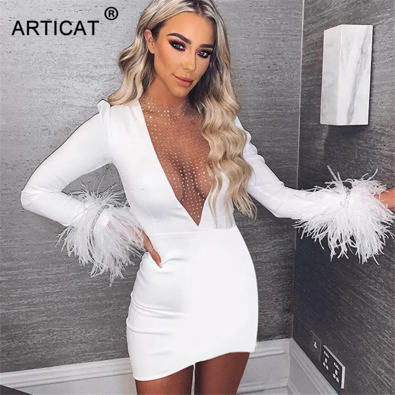 Articat Sexy Deep V Neck Mesh Bodycon Dress Women Long Sleeve Bodycon Sequin Christmas Dress Fashion Winter Party Dress Vestidos