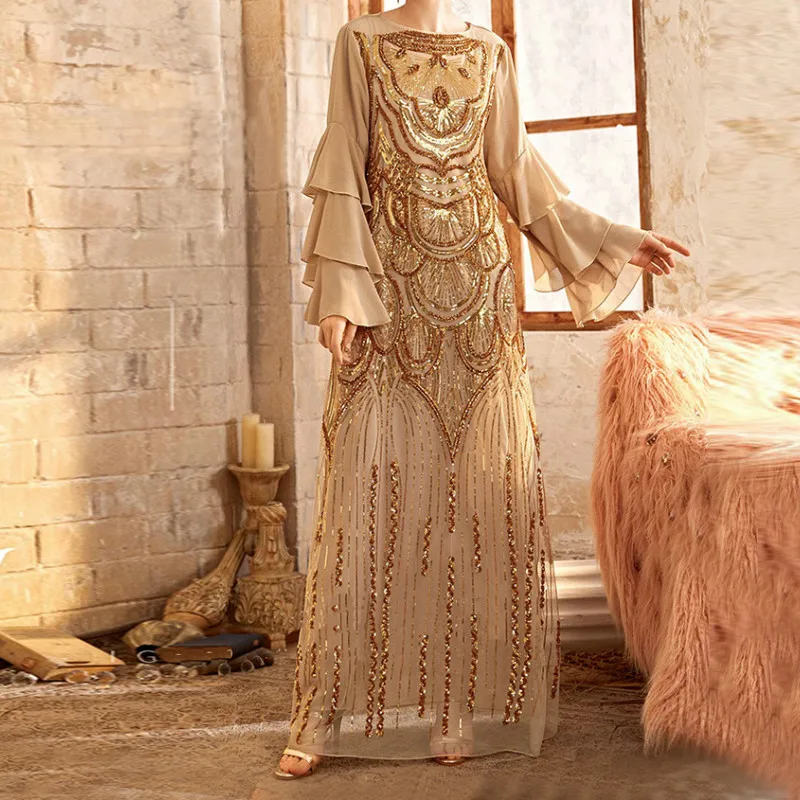 

Sequin Embroidery Maxi Long Dress High Quality Luxury GRuffle Sleeve Olden Layered Arab Turkey Oman Morocco Dubai Abaya Dress