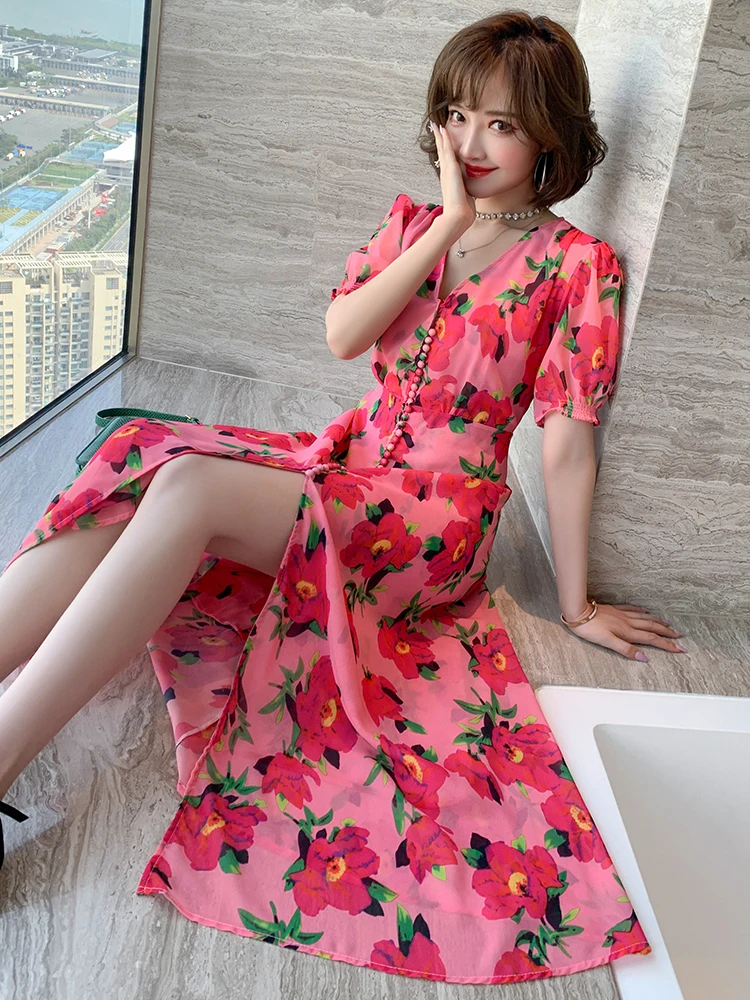 スタイリッシュなロマンチックなプリントvネックパフスリーブバックルハイウエストスプリットドレス女性のファッション夏新スタイル