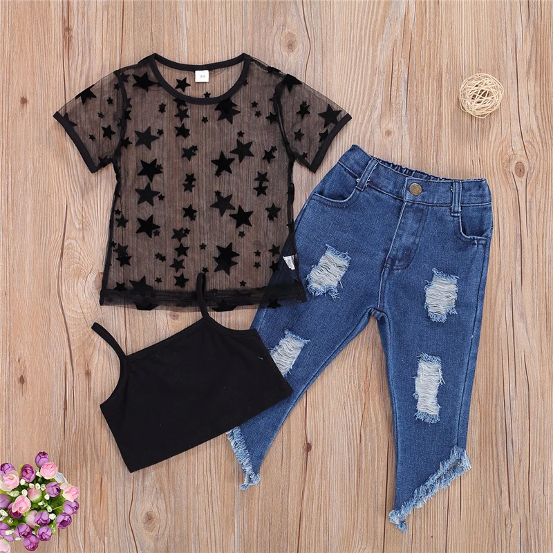 Girls Clothes 2020 Kids Baby Mesh Set Summer Toddler Infant 3PCS See Through Top Vest Denim Shorts Pants Clothing Outfits | Детская