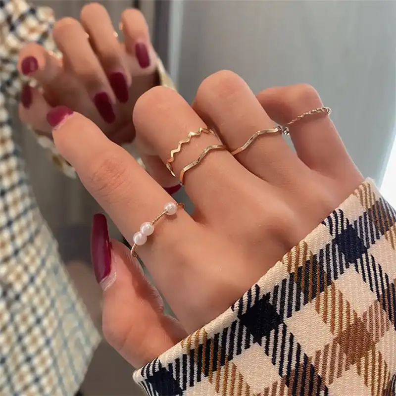 Fashion Rings Set For Women Dating Aesthetic Jewelry Personality Geometric Golden Bending Wave Round Pearl Wedding Ring 5 Pieces Rings Aliexpress