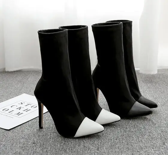 sexy super high heels pointed toe fashion boots mixed color patchwork stretch cloth chelsea bottes black/white women botas shoes