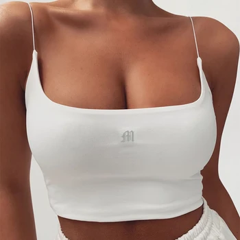 

Waatfaak White Low Cut Spaghetti Striped Crop Top Women Embroidery Sexy Cropped Tops Feminino Sleeveless Summer Club Wear Party