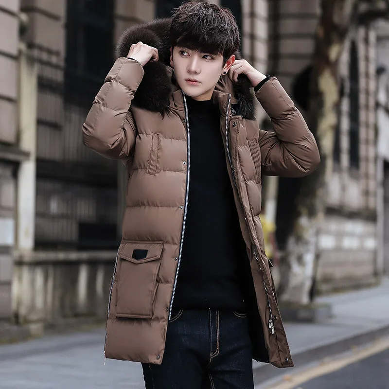 Winter Plus Velvet Thick Warm Hoodie Men's Mid-length Trench Coat Teenager-Style Coat Cotton-padded - Цвет: Khaki