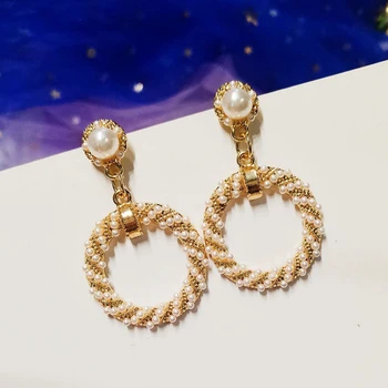 

LATS Pearl Circle Earrings Long Retro Earrings for Women 2020 Geometric Dangle Earring Female Elegant Jewelry
