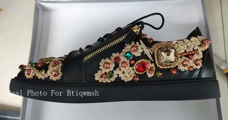 Мужские кроссовки с вышивкой, с круглым носком, со стразами, с вышивкой, на плоской подошве, модные мужские лоферы