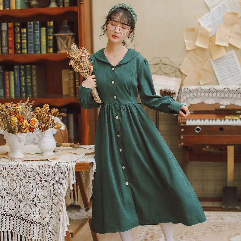 

2019 Autumn And Winter New Style Literature And Art Retro Blackish Green Elegant Pearl Single Breasted Waist Hugging Long-sleeve