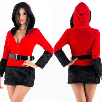

High Quality Red Sexy Ladies Black Velvet Dress Santa Costumes Adult Mrs Santa Claus Outfit for Women Hooded Belt Xmas Dresses