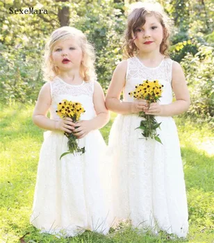 

Cute Lace Boho Flower Girl Dresses For Country Garden Weddings Little Girls First Communion Dresses with Bow Sash