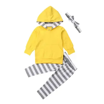 

Emmababy 3pcs Kids Newborn Baby Boys Autumn Long Sleeve Hoodied Coat+Striped Pants+Bowknot Headband Clothes Sets