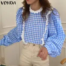 

Autumn Lace O Neck Checked Plaid Tops VONDA Women Casual Puff Sleeve Pleated Blouse Bohemian Blusas Femininas Chemise Shirts