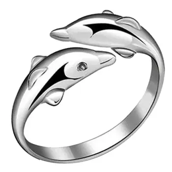 

Fashion Women Silver Plated Double Dolphin Opening Adjustable Finger Ring Gift