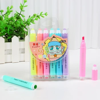 

Pencil Shaped Stamp Highlighter Pen Double Ended Hexagonal Mini Fluorescent Marker 6 Pcs/ Bag Textmarker Students Kids Gift