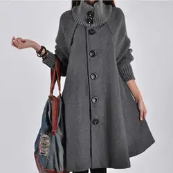 Осеннее теплое шерстяное пальто для женщин, однобортная ветровка, Зимний плащ, вязаный длинный рукав, высокий Тренч, пальто для женщин