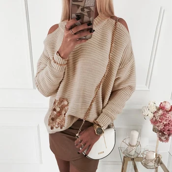

2020 Female Fashion O-Neck Off Shoulder Loose Autumn Tops Ladies Casual Winter Solid Sequins Pocket Spliced Long Sleeve Sweaters