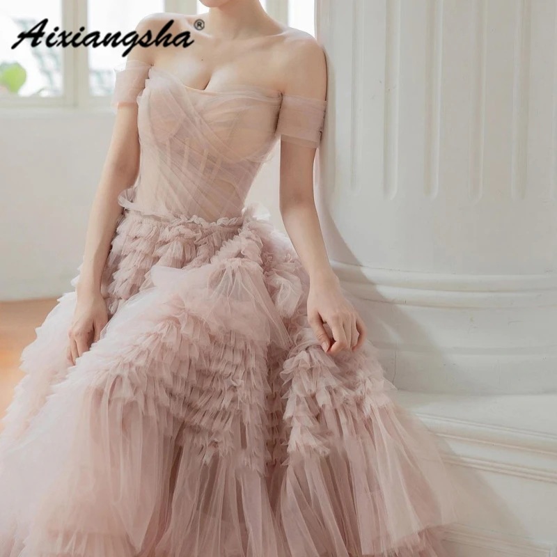 Aixiangsha Smoky Pink Evening Dresses Cake Tiered Off The Shoulder Celebrity Princess Gowns See Through New Arrival