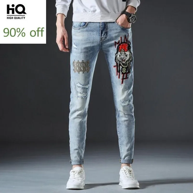 

Autumn Winter Thick Mens Hole Ripped Casual Denim Pants Fashion Embroidery Diamonds Straight Stretch Male Full Length Trousers