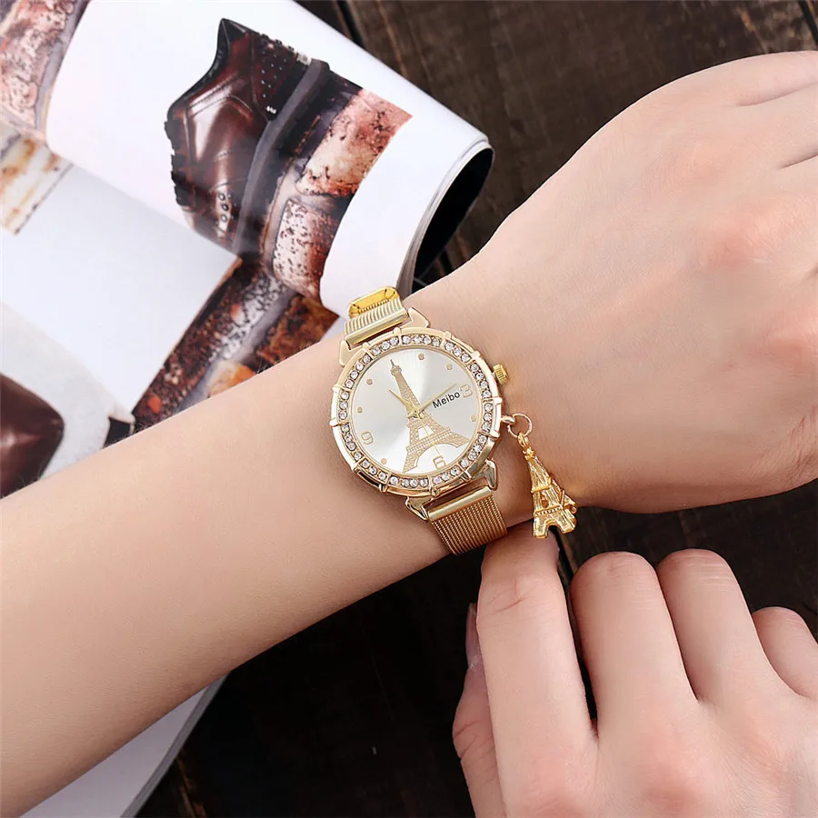 2019 New Fashion Stainless Steel Gold & Silver Band Quartz Wtach Luxury Women Rhinestone Watches Valentine clock