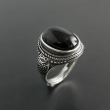 Черный камень свадебные Кольца Настоящее стерлингового серебра 925 кольцо для женщин Винтаж ручной работы натуральный S925 серебряные ювелирные изделия Открытое кольцо