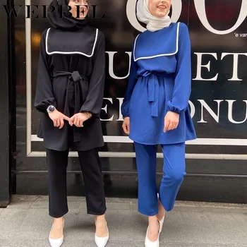 

WEPBEL New Summer Clothes Suit Solid Color Fashion Muslim Women's Clothing Set Full Sleeve Top + Long Pants