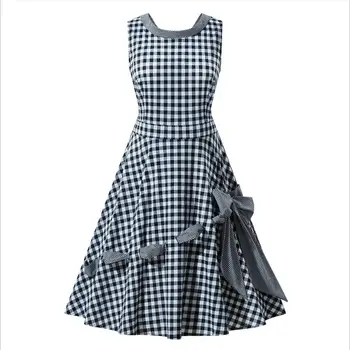 

Vintage 50s 60s Hepburn Plaid Bow Retro Dress Sleeveless Round Neck Elegant Dress 2020 New