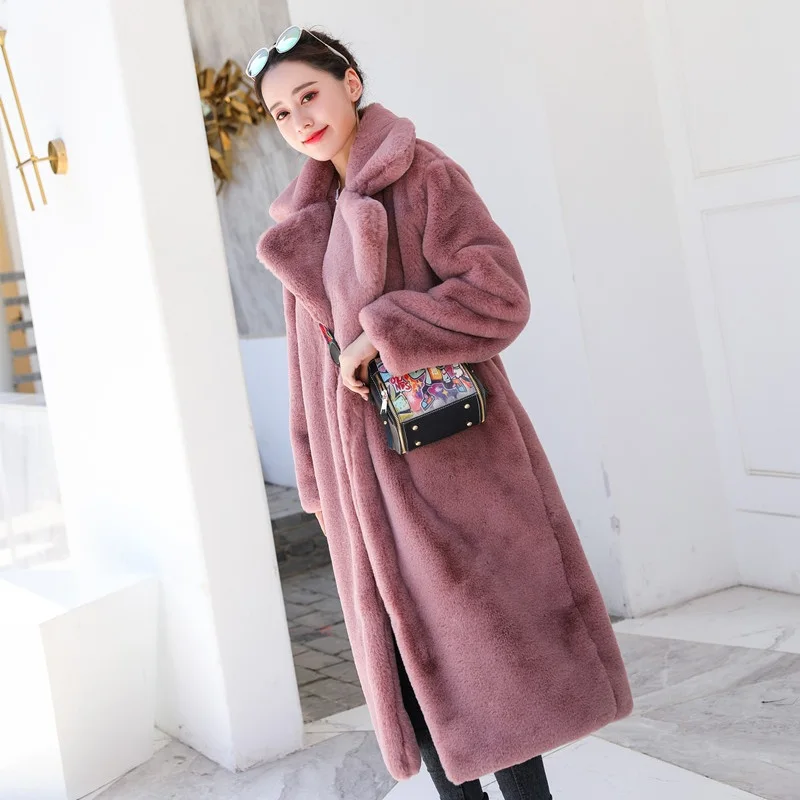 Luzuzi/Элегантное зимнее женское пальто из искусственного меха кролика, роскошное длинное меховое пальто высокого качества, пальто с лацканами, плотное теплое плюшевое пальто
