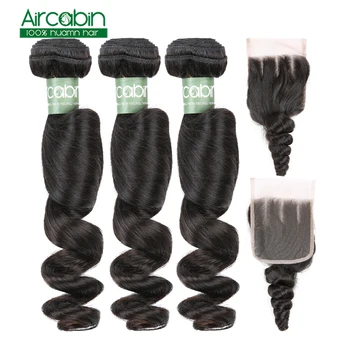 

Brazilian Loose Wave Bundles With Closure 3 Bundles With Closure Remy Human Hair AirCabin Hair Bundles With 4*4 Lace Closure