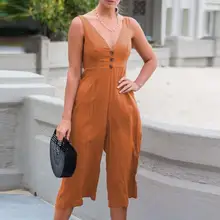 

60%HOTFashion Ladies Jumpsuit Vest Strap Halter Women's Deep V Lace Buttons Solid Color Jumpsuit Party