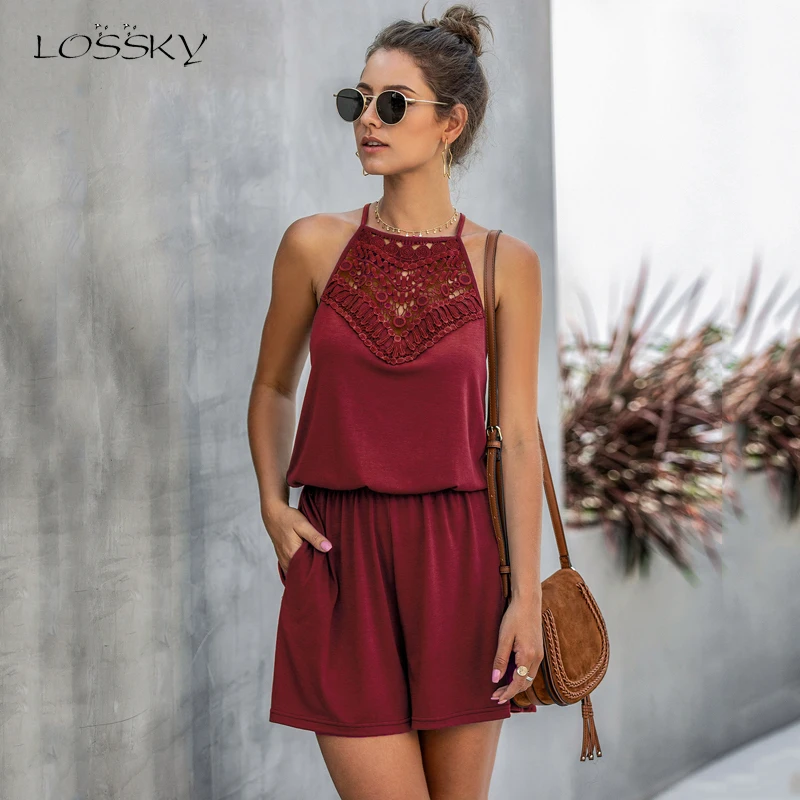 Женский комбинезон без рукавов летний кружевной на бретелях повседневная