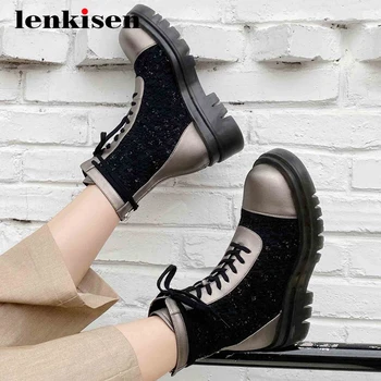 

Lenkisen sport boots cow leather mixed cloth thick bottom platform round toe high heel zipper energy lady dress ankle boots L77