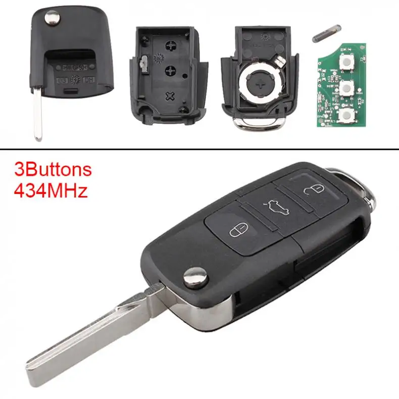 

433MHz 3 Buttons Keyless Uncut Flip Remote Key Fob ID48 Chip 1J0959753DA for For-VW For-PASSAT Beetle 1997-2010 Polo / Skoda
