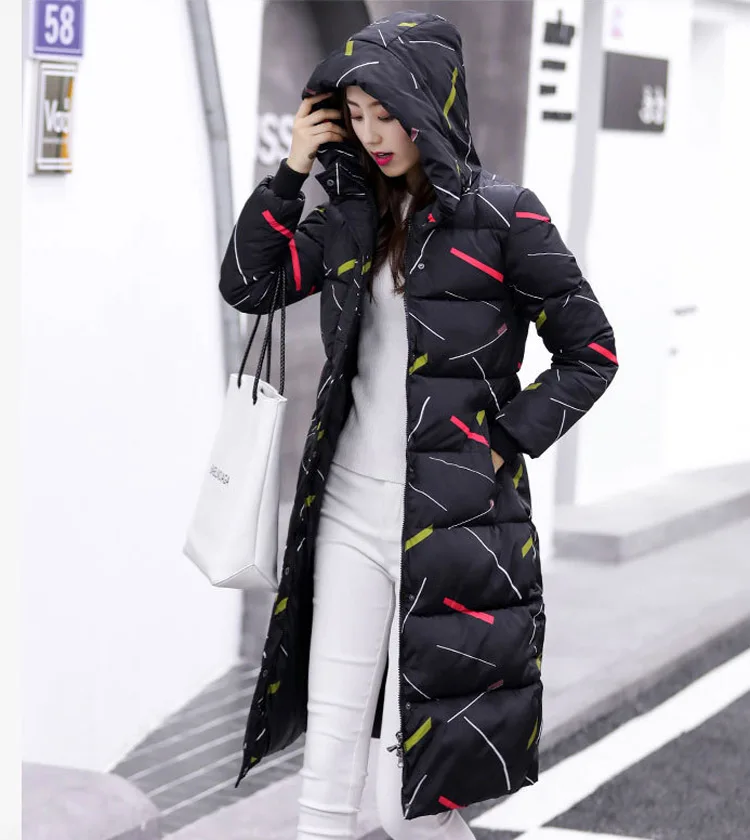 Winter Jacket Coat Women Hooded Cotton Padded Long Parkas New Women Coat Warm Slim Fit Printed Women Jacket