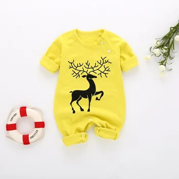 

PatPat Baby Boy / Girl Christmas Reindeer Print Long-sleeve Jumpsuit Bottom Snap Spring and Autumn Cotton Round Neck Casual
