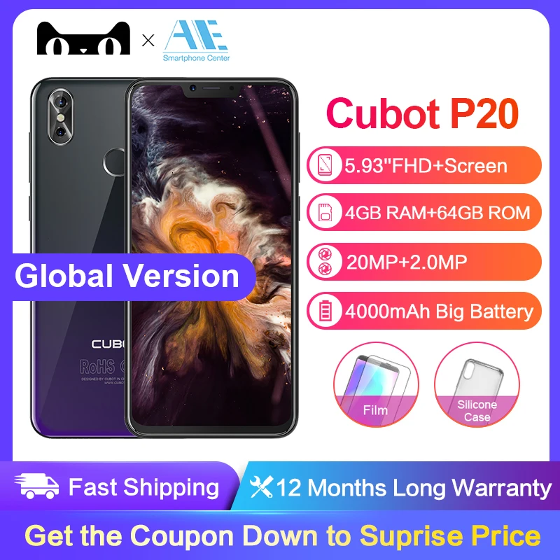 Cubot P20 6.18'' 19:9 Notch Screen 4GB 64GB MT6750T Octa-Core Smartphone Android 8.0 4000mAh 2246*1080 20MP+2.0MP 4G Telephone
