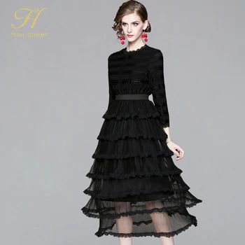 

H Han Queen New Arrival Cupcake Mesh Dress Fashion Work Casual Vintage Luxury Black Elegant Slim Women Evening Party Dresses