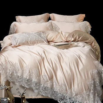 

High-end lace 4-piece bedding set-style luxury European and American-style solid color long-staple cotton silk cotton bedsheet