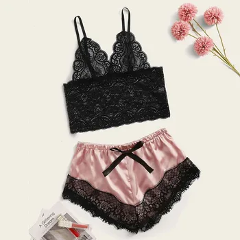 

New Sexy Pajama Sets Women Lace Wireless Bra Camisole Pajamas Satin Silk Bowknot Shorts Sleepwear Night Wear Lingerie Set 2020