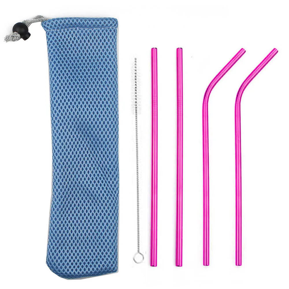 6*215 мм соломинка для питья многоразовые трубочки Экологичная металлическая соломинка из нержавеющей стали с сумкой набор для кружек - Цвет: Pink Bluebag