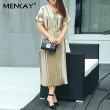 [MENKAY] Лето, винтажное блестящее плиссе, Драпированное женское платье с круглым воротником, высокой талией и поясом, женская модная одежда с коротким рукавом