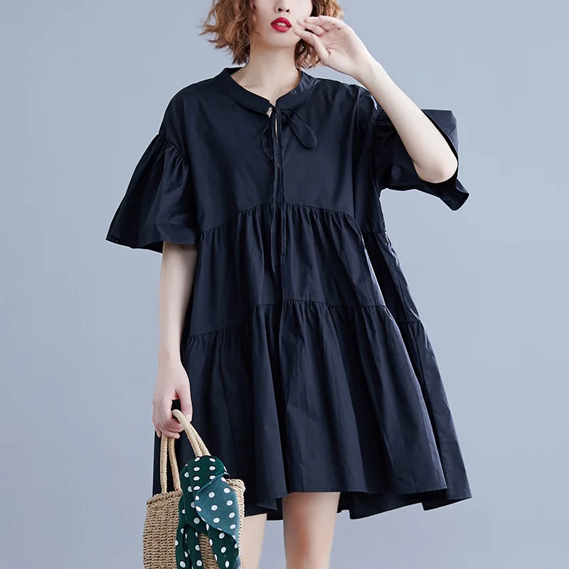 

2019 Summer New Style Literature And Art Large Size Dress Solid Color of Bow Crew Neck Mid-length Bell Sleeve Dress
