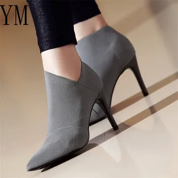 

2020 Grey Fashion Women High Heel Booties Large Size 34-41 Female High-Heeled Boots Young Ladies Booties 8.5cm Heel Cloth Boots