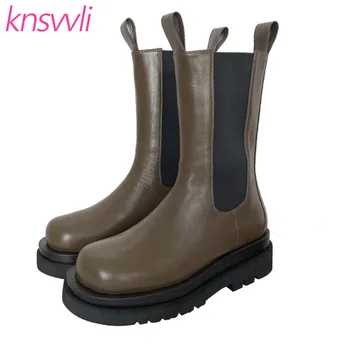 

Brown Genuine Leather Thick Sole Chelsea Boots Women British style Round Toe Flat Short Boots Woman Casual Motorcycle Boots
