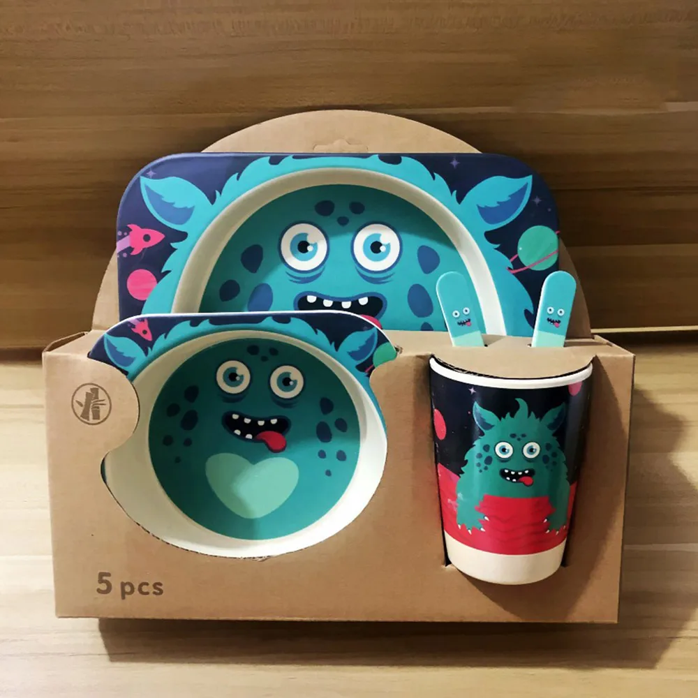 5Pcs/Set Bamboo Tableware Baby Dishes Children Cartoon Feeding Dishes Kids Natural Bamboo Fiber Dinnerware With Bowl Fork Cup - Цвет: PJ4036B1