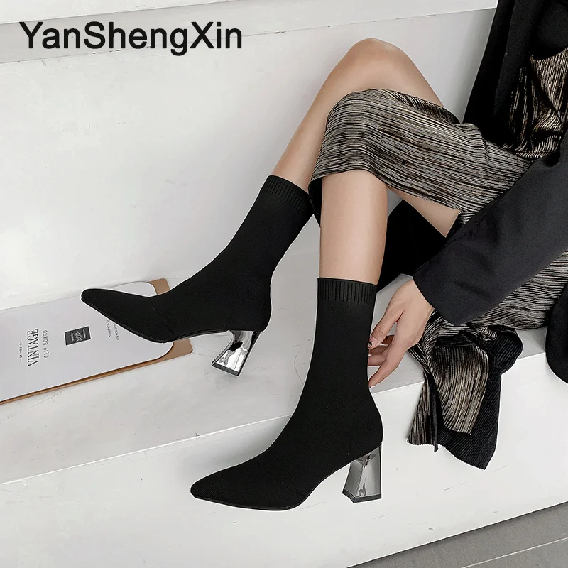 YANSHENGXIN/обувь; женские ботинки; эластичные носки; ботинки до середины икры; модная женская обувь с острым носком; ботинки осень-зима; женские ботинки