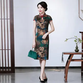 

Oriental Women Summer Vintage Tunic Dresses Green Red Floral Fake Silk Qipao One Piece Short Sleeve Mandarin Collar Fit Dress