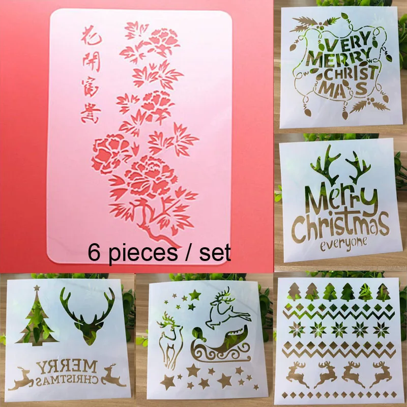 

6pc Christmas Stencils Painting Template Scrapbooking Stamps Album Decorative Embossing Paper Cards DIY Craft Tools Reusable